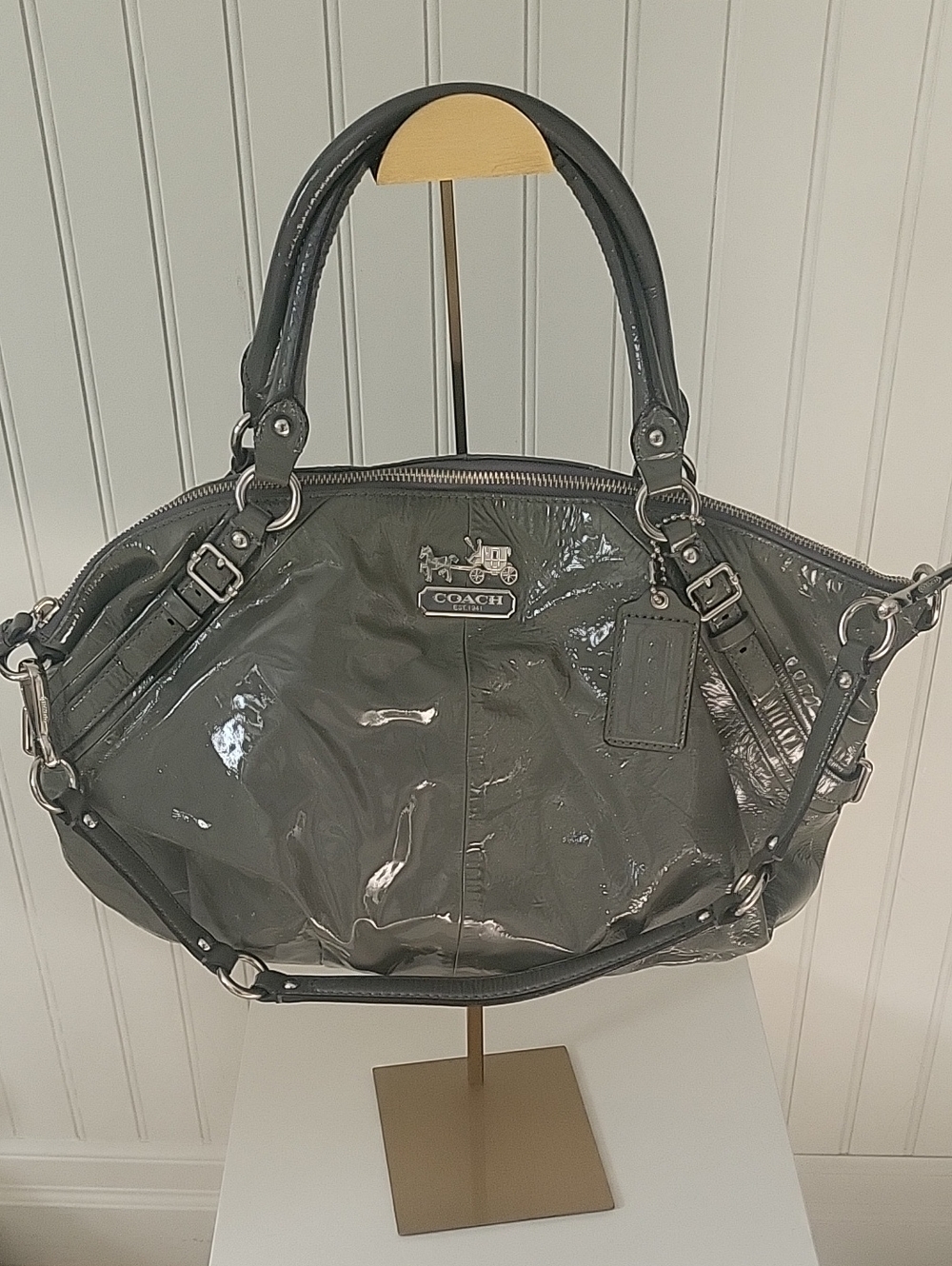 Coach Glossy Patent Leather Tote in Charcoal